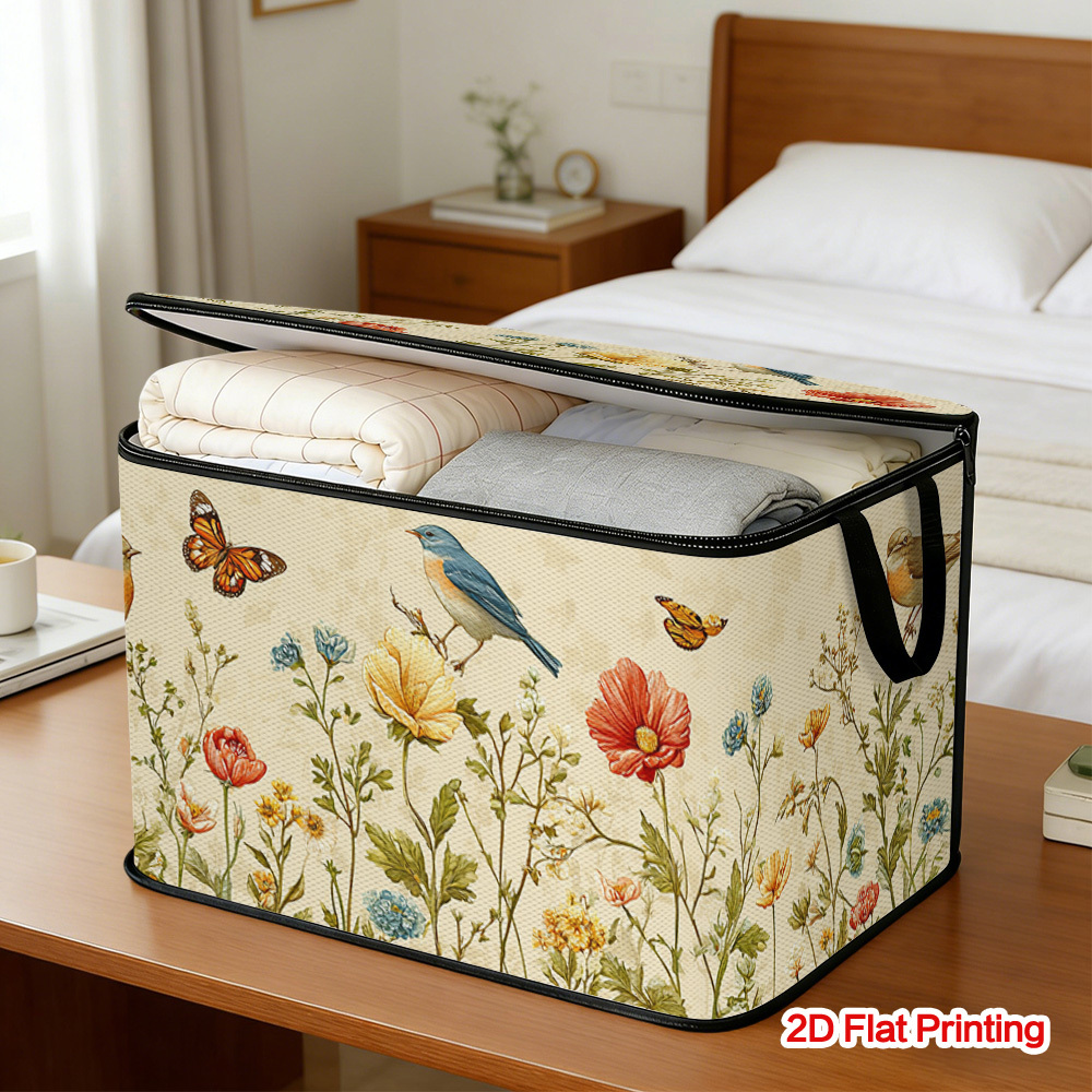 TEMU 1pc Floral Print Storage Box - Large Capacity Foldable Organizer Bin With Soft Fabric Lid And Zipper Closure, Made Of Durable Polyester Fabric,