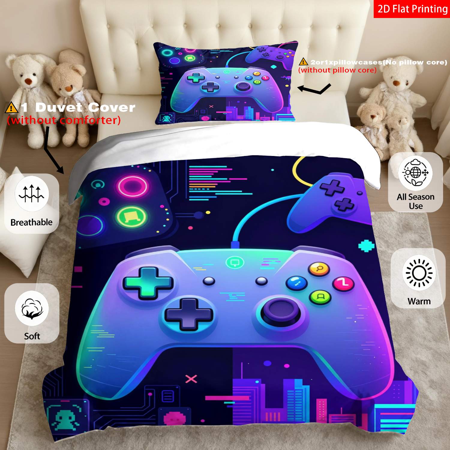 TEMU A Modern Bedding Featuring A 2d Flat Print With A Gamer Theme, Showcasing A Blue And Purple Neon Game Controller Design. It Includes A Duvet
