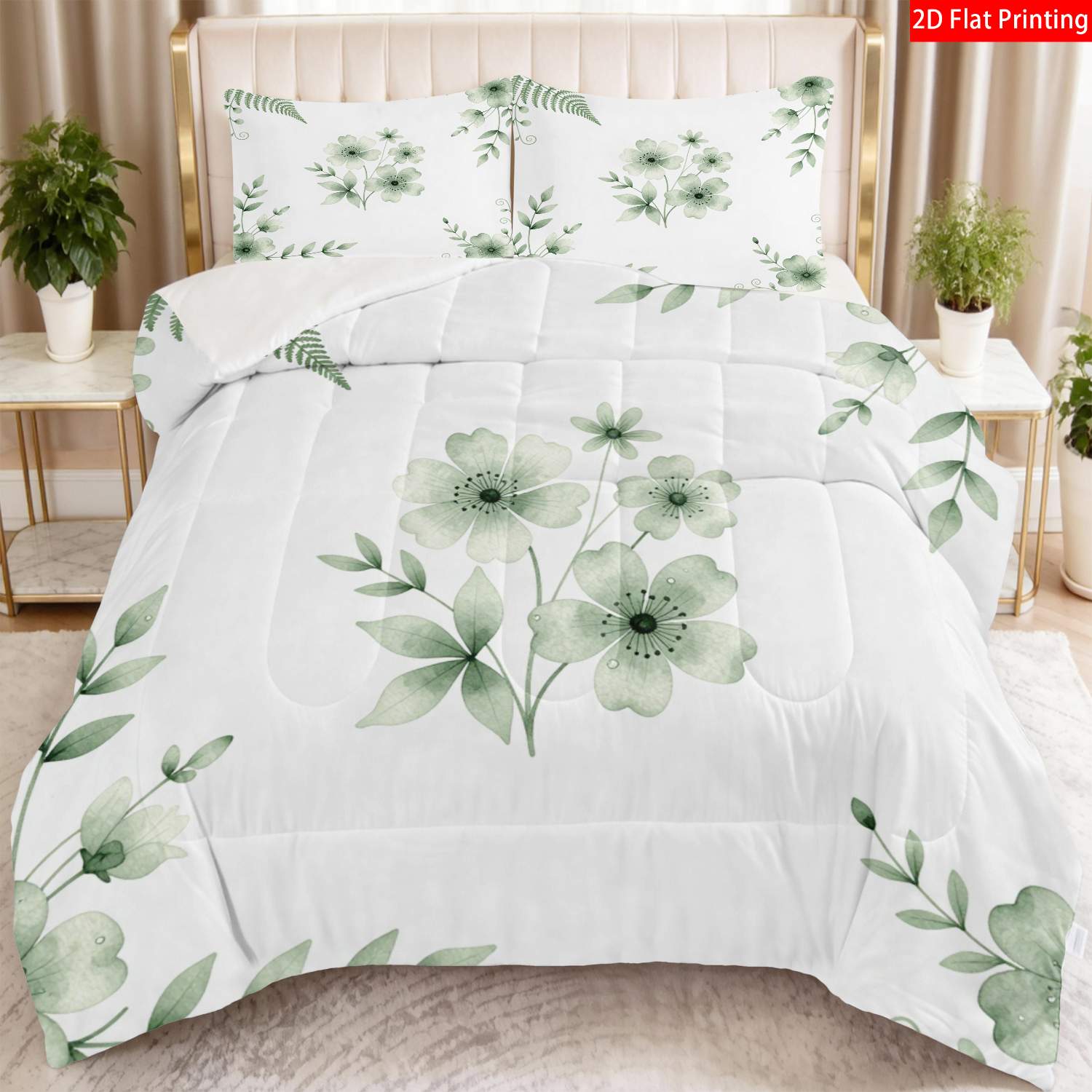 TEMU 3pcs 2d Flat Printing Modern Minimalist Botanical Bedding Sage Green Watercolor Floral Print For Bedroom Decor(1*quilt+2*pillowcases, Pillow