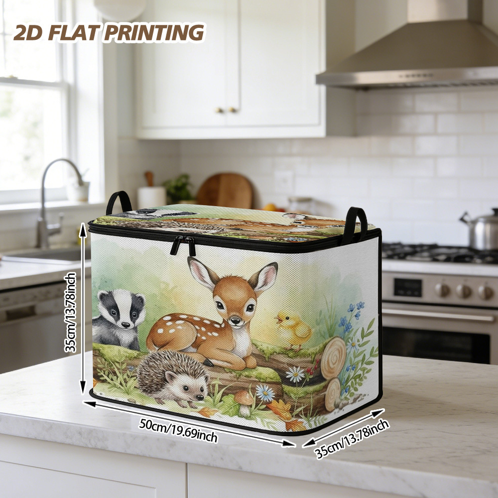 TEMU 1pc 2d Flat Woodland Creatures Spring Scene Zippered Basket | Stylish Polyester Storage Bin With Handles For Bedroom, Clothes Organizer, Laundry