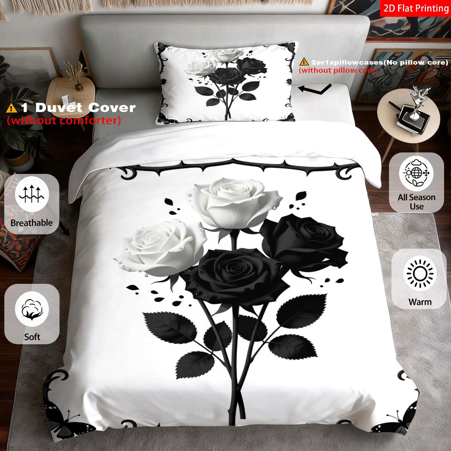 TEMU 2/3pcs 2d Flat Printing Gothic Aesthetic Quilt Cover Bedding Black White Rose Thorns Print Pattern Suitable For Occasions (1 Duvet Cover And 1/2