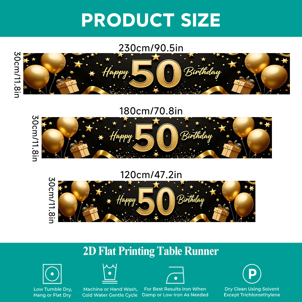E-shop 2D Flachdruck Tischläufer | Goldene Ballons zum 50. Geburtstag Tischdecke, Rechteckiger Polyester Tischläufer, für Essen Innen oder Draußen,