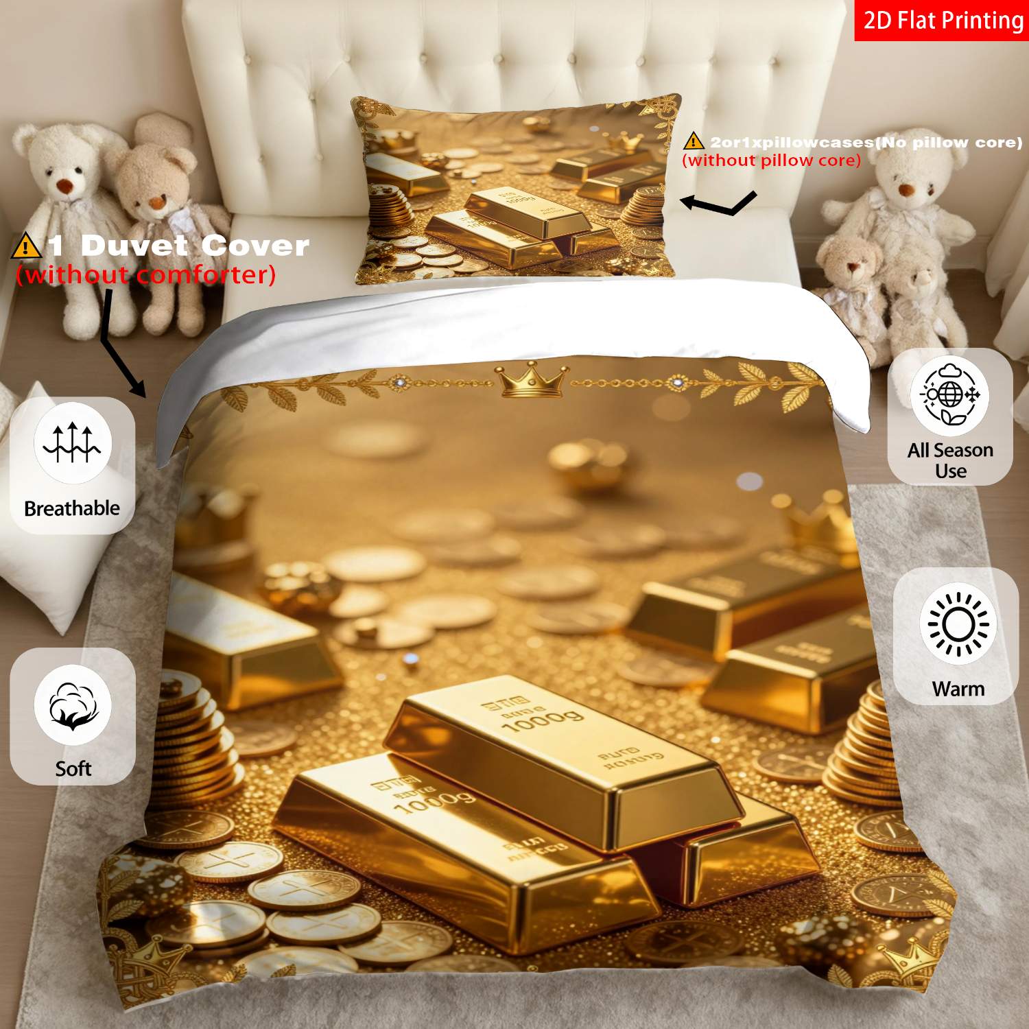 TEMU 2/3pcs Of Bedding Featuring A 2d Flat Print With A And Coin Design, With Crown , Perfect For Adult Bedroom Decor (includes 1 Duvet Cover And 1