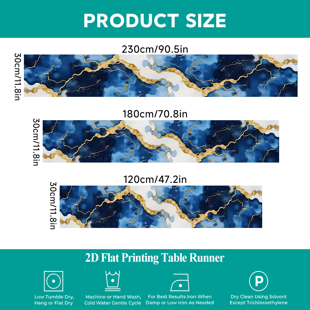 TEMU 1pc 2d Flat Printing Table Runner | Blue And Golden Abstract Art Table Cover, Rectangular Polyester Table Runner, Perfect For Dining Indoors Or