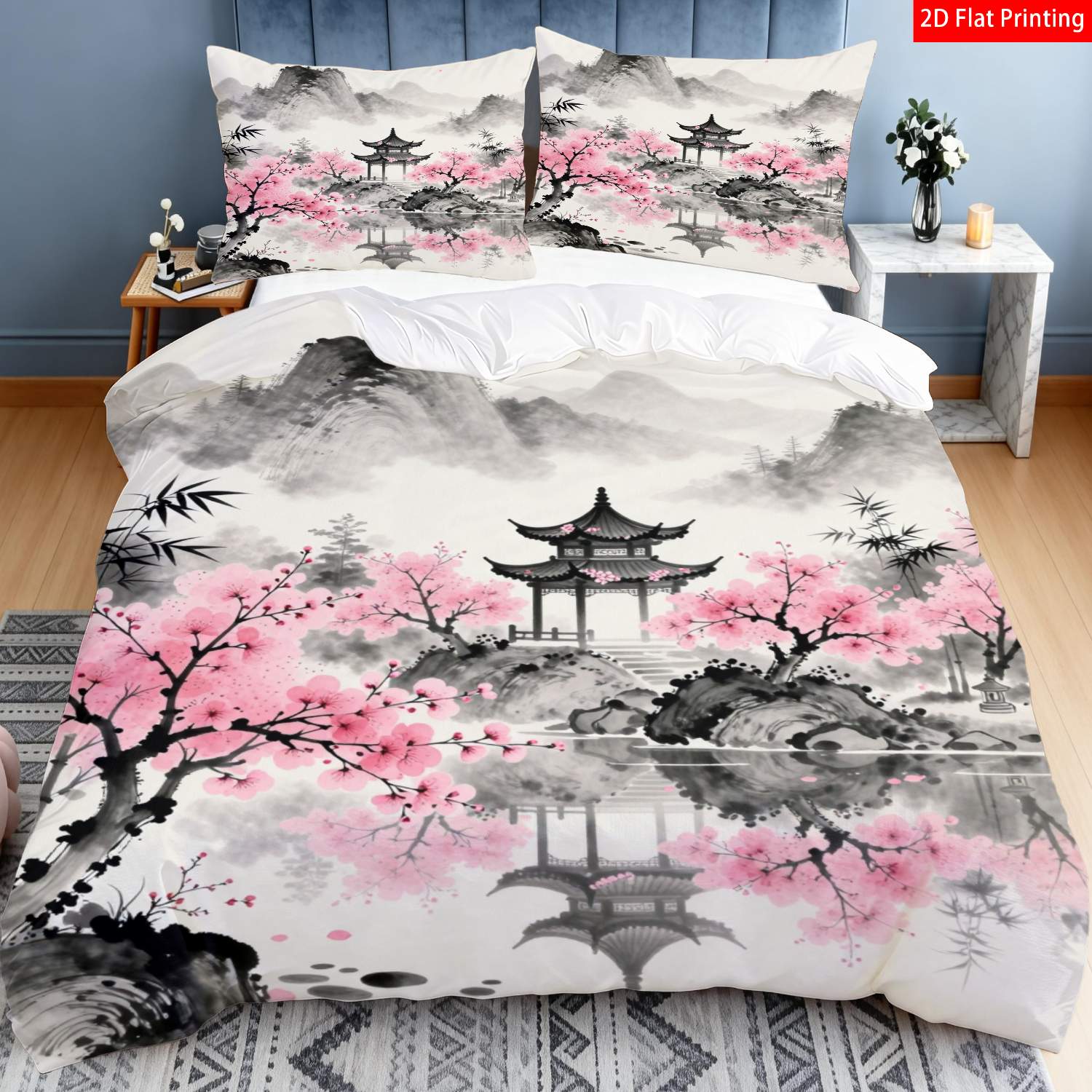 TEMU Ensemble de literie 2D imprimée en plan, style moderne, représentant un paysage chinois avec une peinture à l'encre rose et noire de , d'un