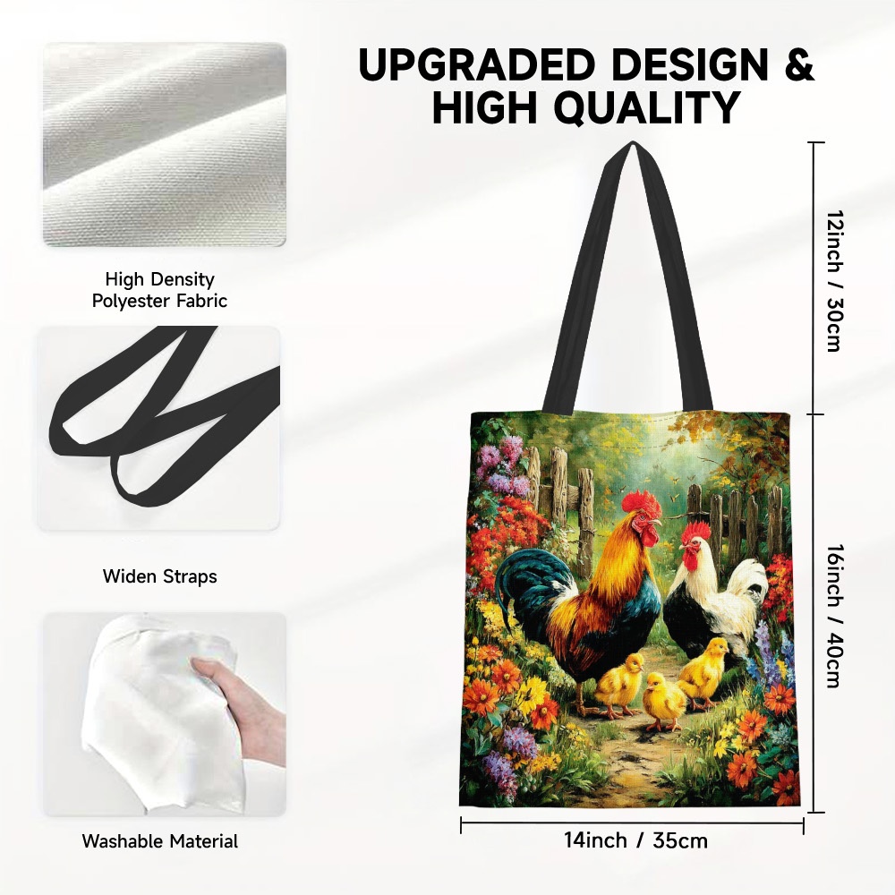 TEMU 1pc Stylish Rooster & Chicks Garden Print Tote Bag - Reusable Suitable For School, Beach, Grocery Shopping, Durable Polyester Bag With Rooster &