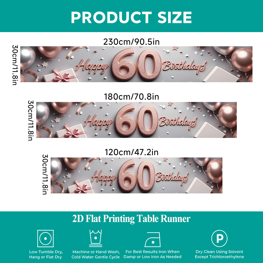 TEMU 1pc 2d Flat Printing Table Runner | Happy 60th Birthday Table Cover, Rectangular Polyester Table Runner, Dining Indoors Or Outdoors, Family