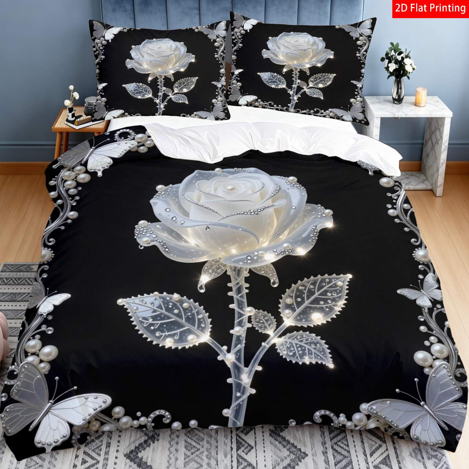 TEMU 2/3pcs 2d Flat Printing Luxury Romantic White Rose Pearl Embroidered Quilt Cover Bedding Silver Gray Floral Pattern With Shiny Rhinestones