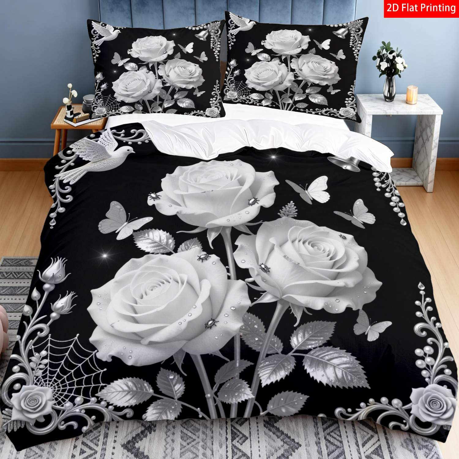 TEMU 2/3pcs 2d Flat Printing Elegant Romantic Quilt Cover Bedding Black And White Bell Pattern Print Suitable For Occasions(1 Duvet 1/2 Pillowcases,