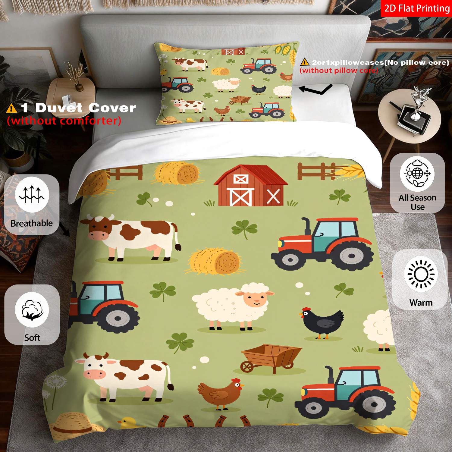 TEMU 2/3pcs 2d Flat Printing Farm Animals And Tractors On Green Background Bedding | Includes 1 Duvet Cover And 1/2 Pillowcases, Soft, Comfortable,