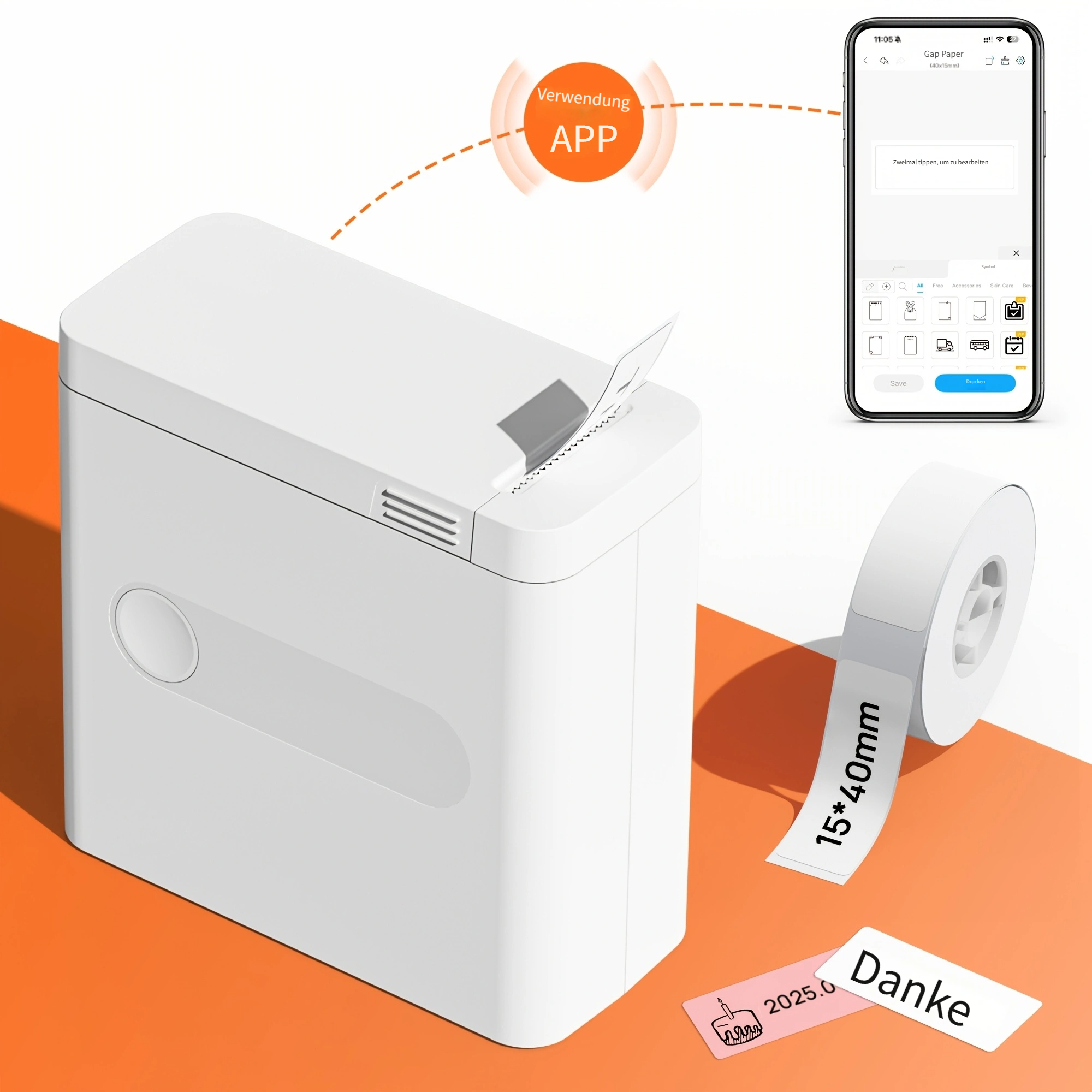 d12 thermodrucker für etiketten, kabelloser, tintenfreier mini-handdrucker für aufkleber, mit wiederaufladbarer batterie und 15x40 mm etikettenrolle, mehrere vorlagen,   für büro, zuhause, lagerung und organisation, weiß