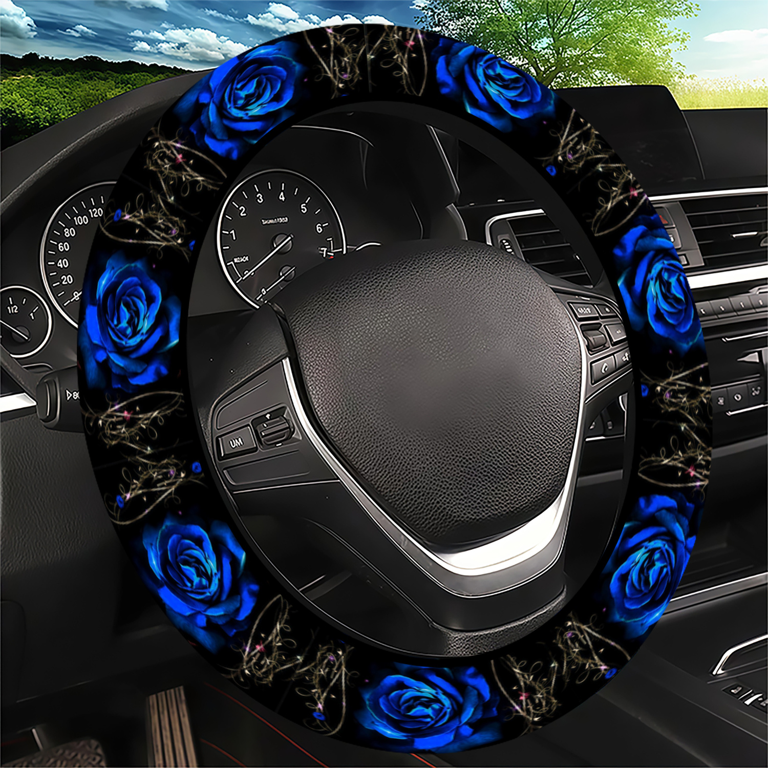 TEMU 1pc Blue Rose Steering Wheel Cover, Exquisite Floral Style, Universal Fit For Suvs & Cars, Use, Long-lasting Durable, Anti-slip, No , , Design,