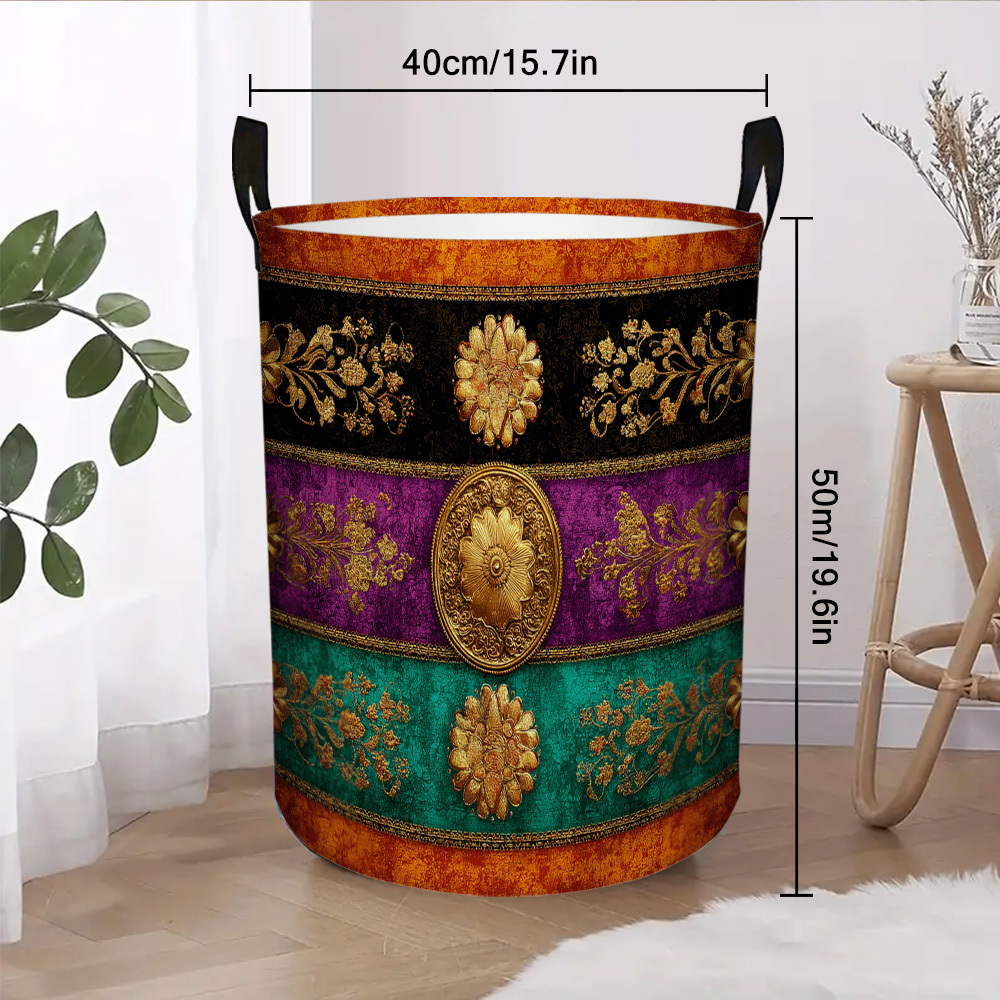 TEMU 1pc Large Capacity Foldable Laundry Basket With Handles - Ornate Floral Bands Pattern Storage Bin For Bedroom, Bathroom, Clothes And