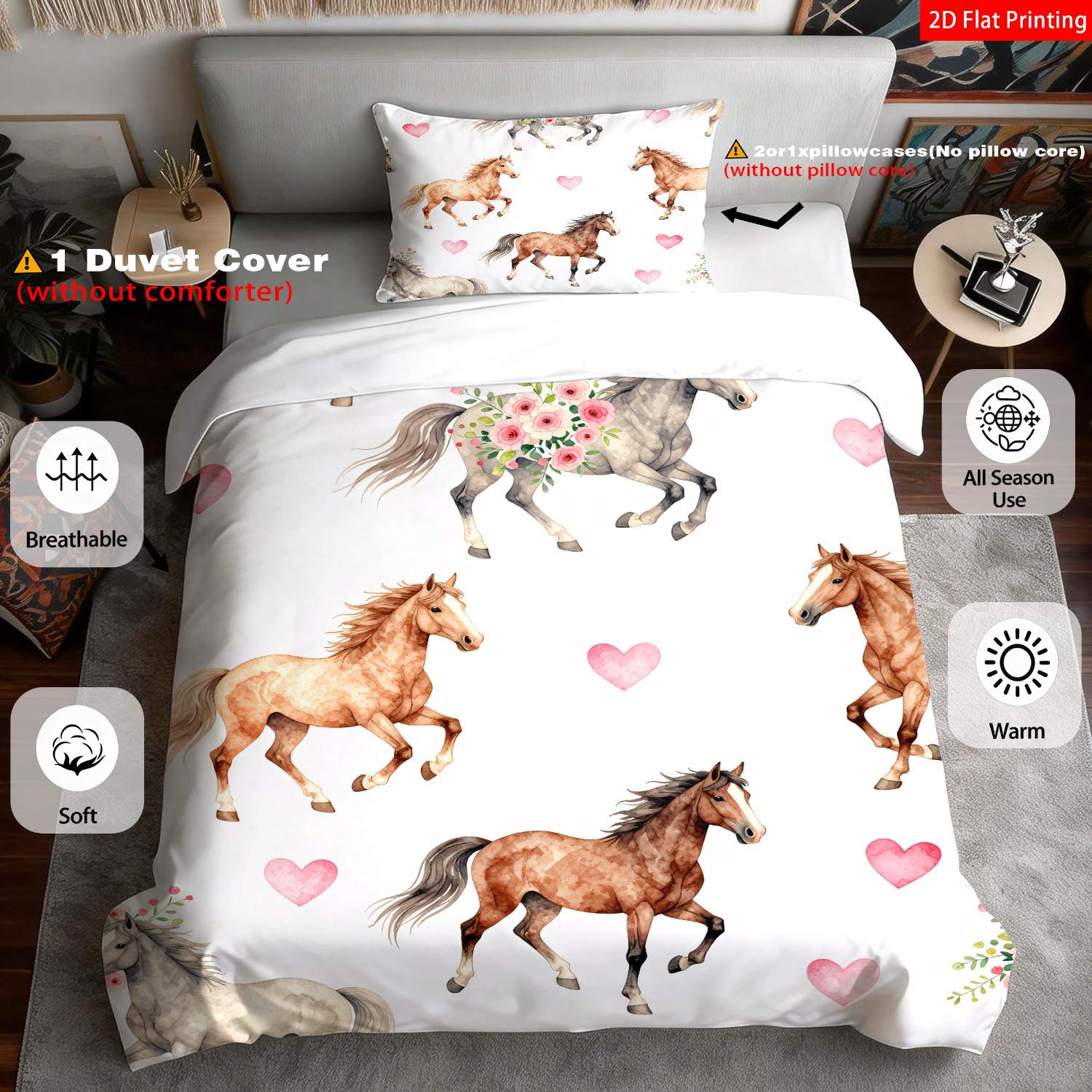 TEMU 2/3pcs 2d Flat Printing Running Horses And Pink Heart Patterns Bedding | 1 Duvet Cover + 1/2 Pillowcases, Soft, Comfortable, Breathable