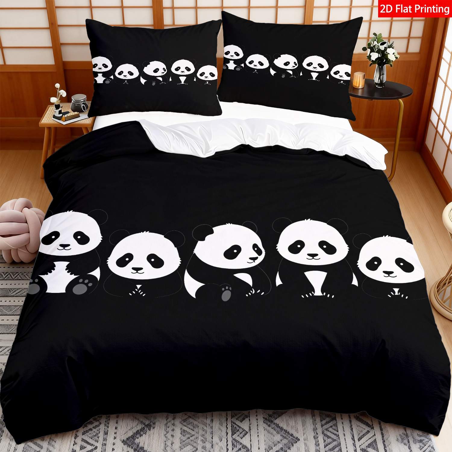 TEMU 2/3pcs 2d Flat Printing Panda Patterns On Black Bedding | Includes 1 Duvet Cover + 1/2 Pillowcases, Soft And Breathable Polyester, Machine