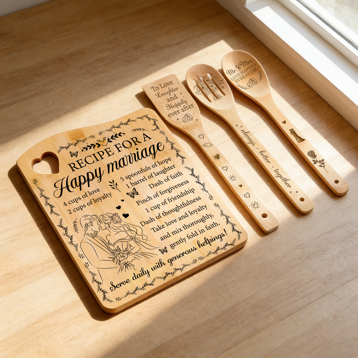 item picture wedding gift engraved bamboo cutting board utensil set recipe for a happy marriage to love and mr mrs bridal shower engagement for couple
