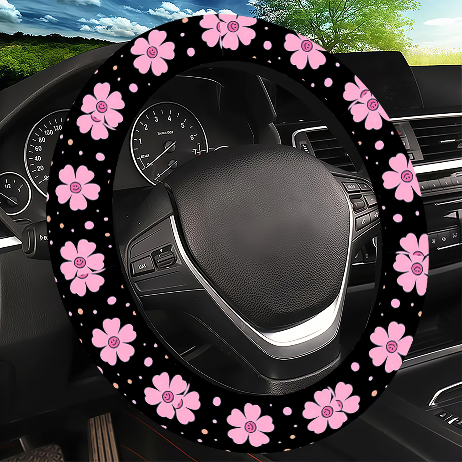 TEMU 1pc Pink Flower & Dots Steering Wheel Cover | , Universal Fit For Suvs & Cars, Use, Long-lasting Durable, Anti-slip, , No , Vehicle Interior