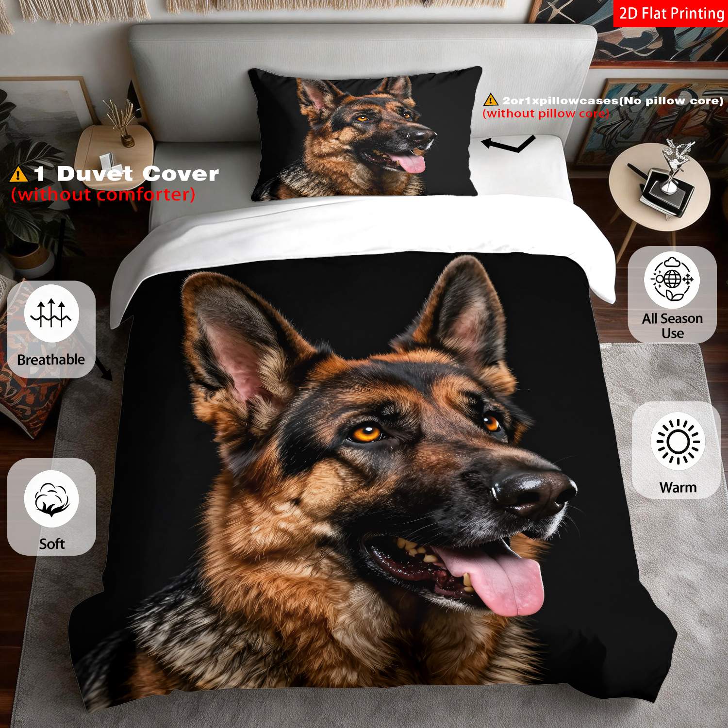TEMU 2/3pcs 2d Flat Printing German Shepherd Pattern, Black Background Bedding (1*duvet Cover   1/2*pillowcases, Without Core) the Fabric Is Soft,