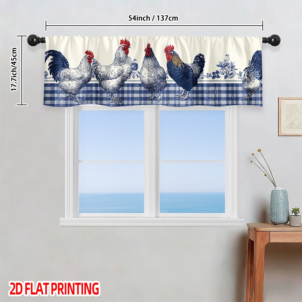TEMU 2d Flat, 1-panel Rustic Rooster & Blue Gingham Valance Curtain Panel - Semi-sheer Short Window Valance Suitable For Kitchen, Living Room,