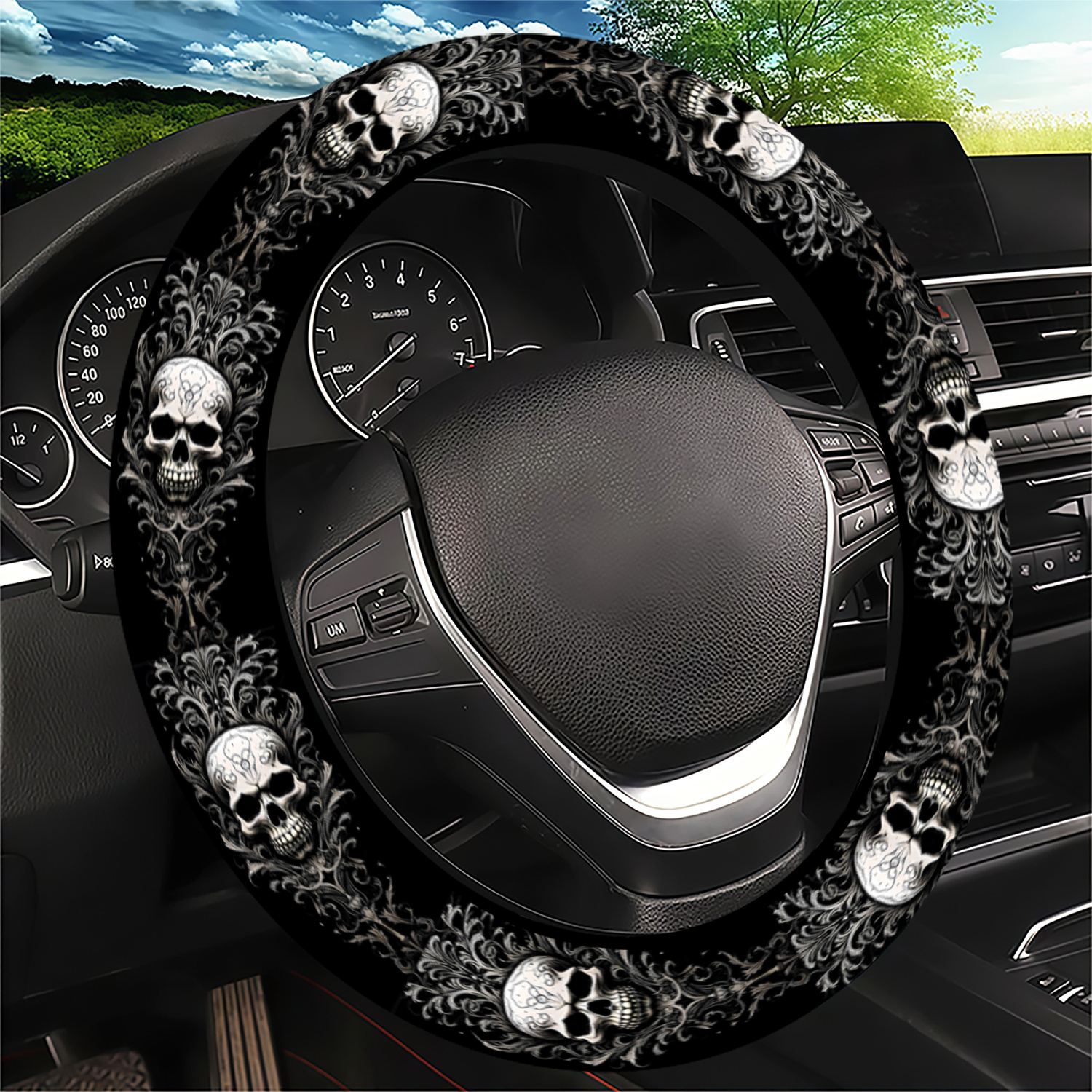 TEMU 1pc And Floral Steering Wheel Cover | Gothic Style, Universal Fit For Suvs & Cars, Use, Long-lasting Durable, Anti-slip, , No , Vehicle Interior