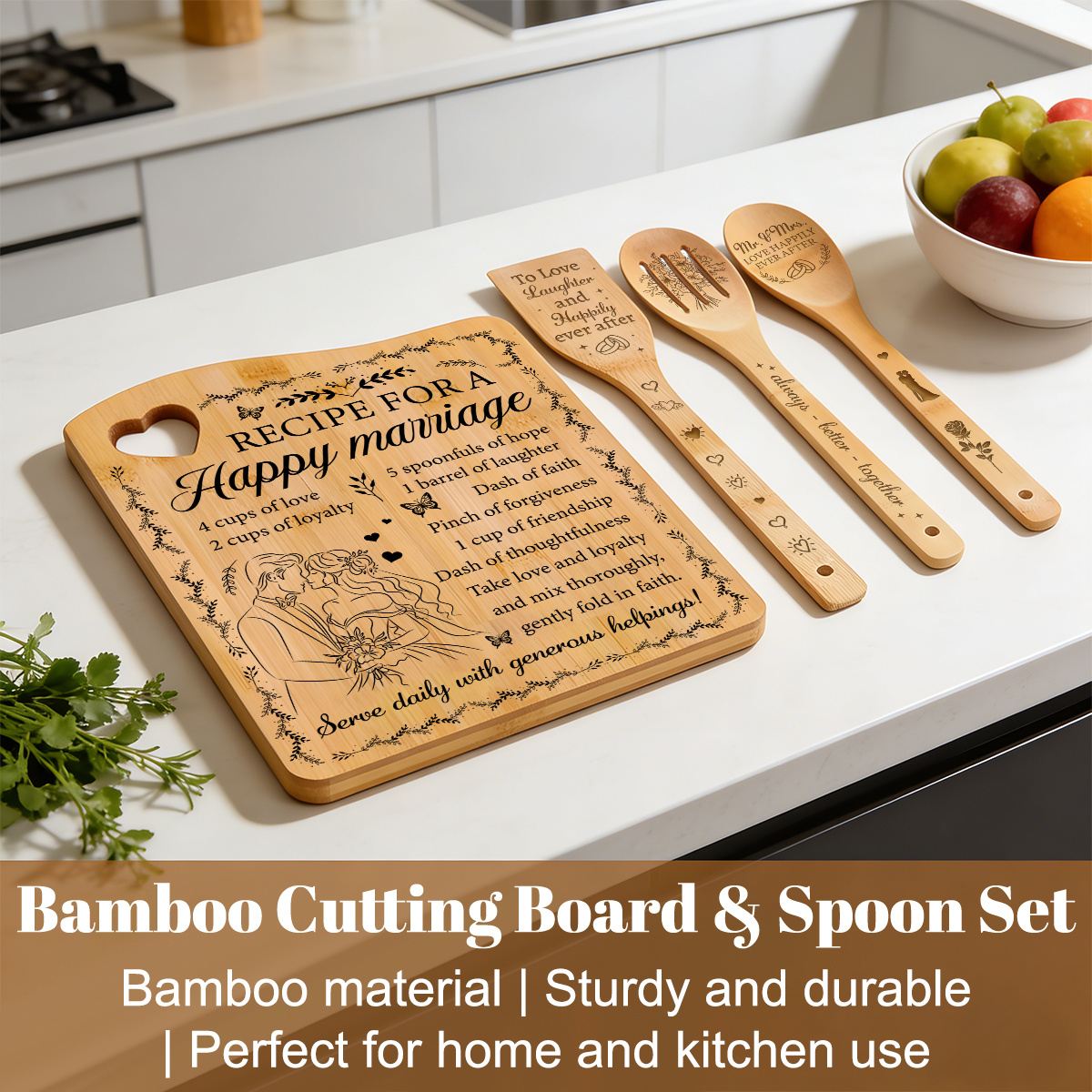 wedding gift engraved bamboo cutting board utensil set recipe for a happy marriage to love and mr mrs bridal shower engagement for couple