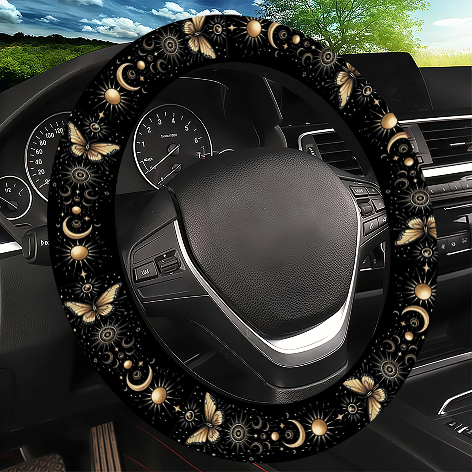 TEMU 1 stuk Stuurwielhoes met Zon, en Vlinder, Boho-stijl, Universele Pasvorm voor SUV's & Auto's - Geschikt voor Alle Seizoenen, Duurzaam en