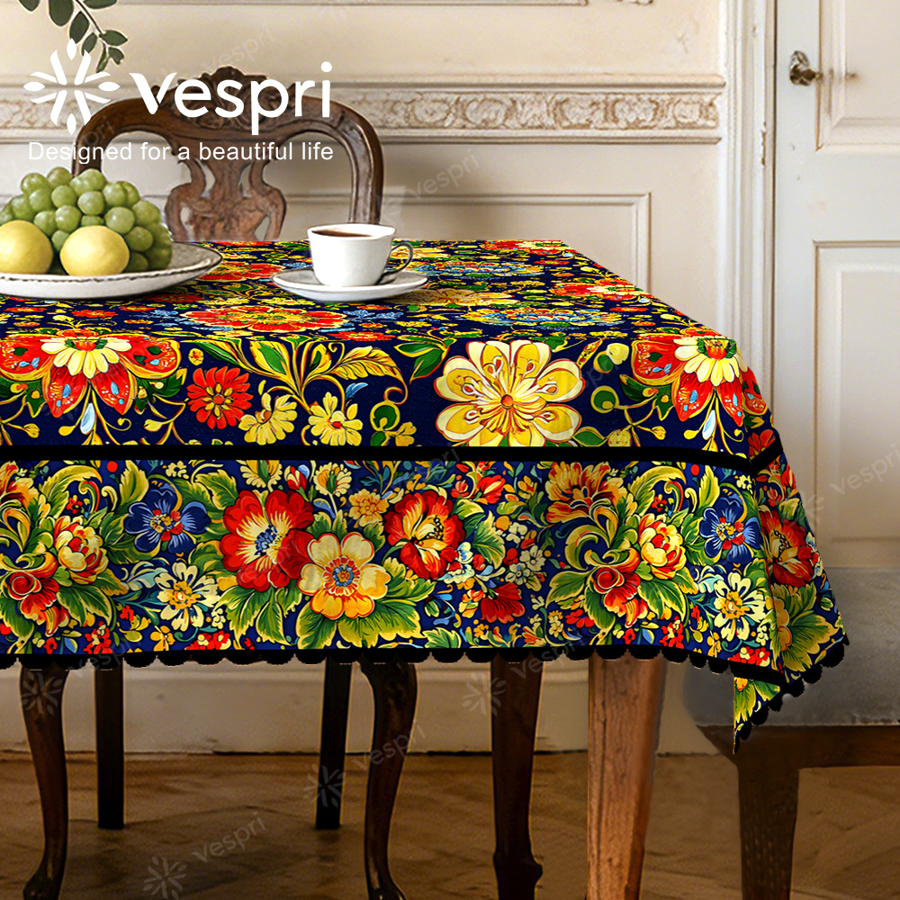 TEMU Spring Tablecloth, Blue Red Decor, Fruits And Flowers, Rustic Style, Family Gathering, Oval Shape, For Spring Summer Dining Party Festival