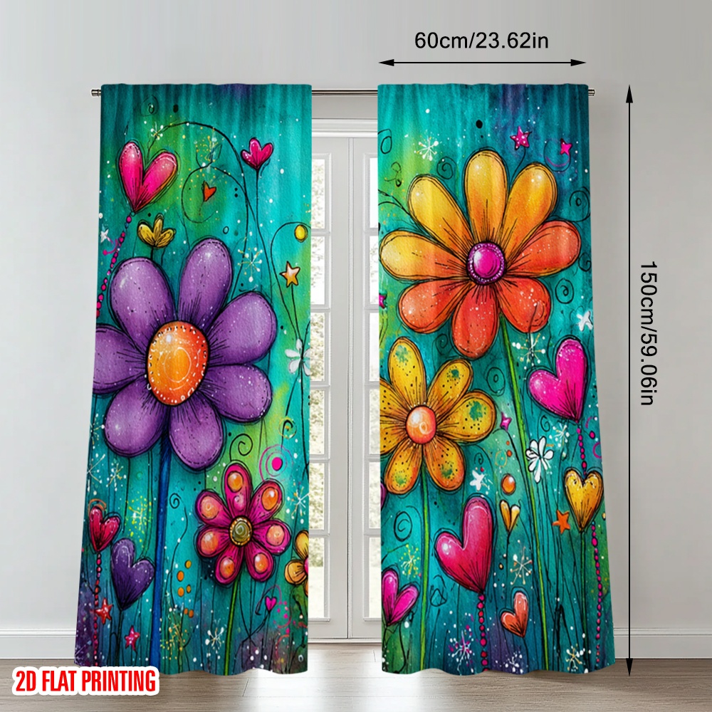TEMU Tende a Finestra 2D Piatte, Stampa 2D Piatte 2pcs Tende Finestra e Fiori Colorati Valentino Poliestere Tende Stagionali per Feste e Decorazioni