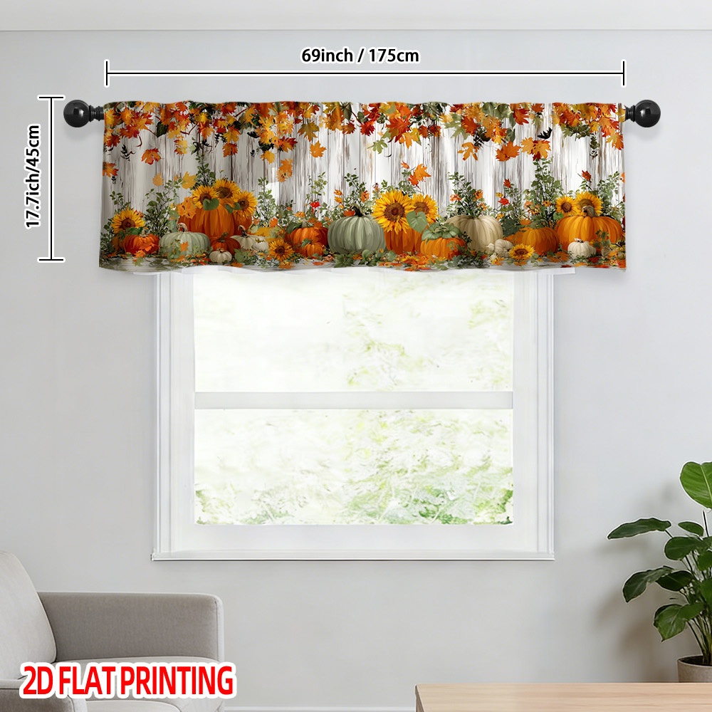 TEMU 2d Flat - [2d Flat] Thanksgiving Autumn Pumpkins Sunflowers Themed Curtain, 100% Polyester Semi-sheer Rod Pocket Window Valance, Kitchen Decor,
