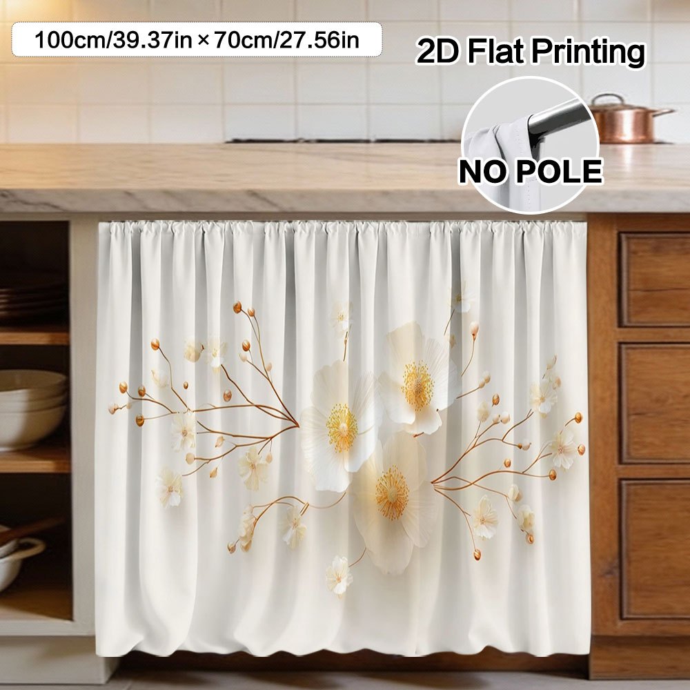 TEMU 2d Flat - 2d Flat - 1pc Classic Blossoms Pattern Cabinet Curtains, Rod , Contemporary Art, Semi-sheer Polyester, Machine Washable, Easy Hanging,