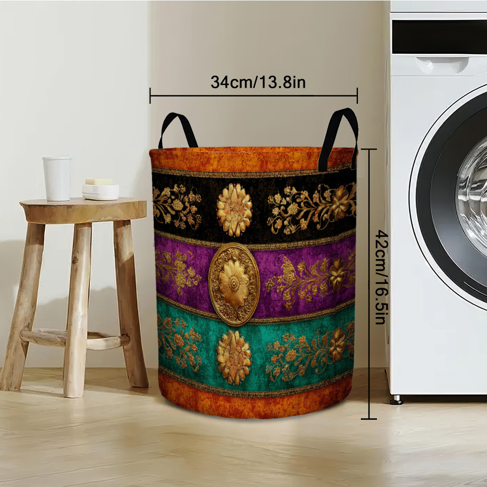 TEMU 1pc Large Capacity Foldable Laundry Basket With Handles - Ornate Floral Bands Pattern Storage Bin For Bedroom, Bathroom, Clothes And