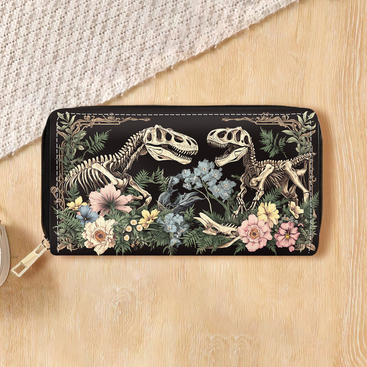 TEMU A Long Zipper Wallet Featuring A Dinosaur Skeleton And Floral Pattern, Suitable For Men And Women. Made Of Multifunctional Pu Material, It