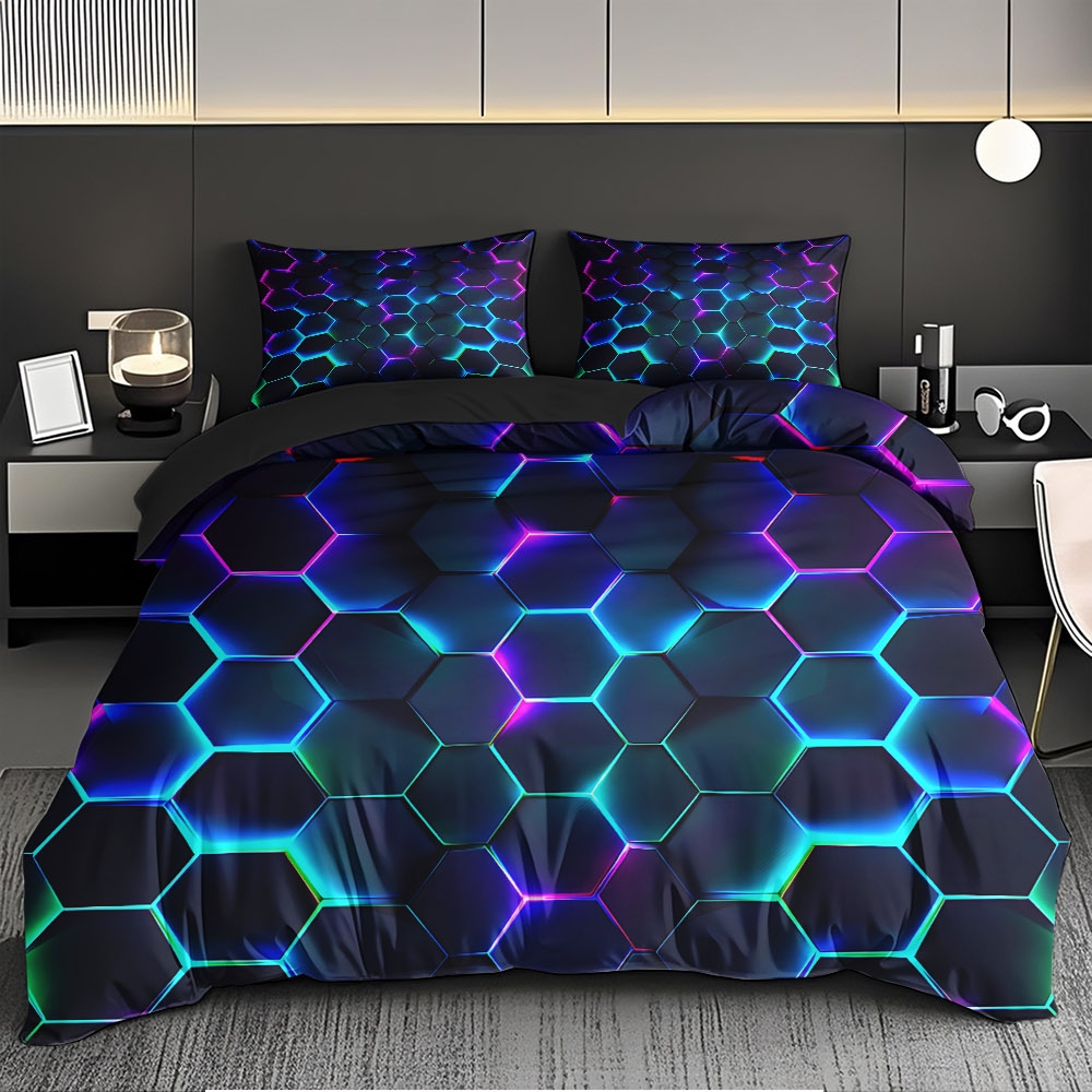 TEMU 2/3pcs Neon Hexagon Light And Shadow Themed Duvet Cover Set, 100% Polyester Fiber High-definition , High-quality Gift For For All Holidays,