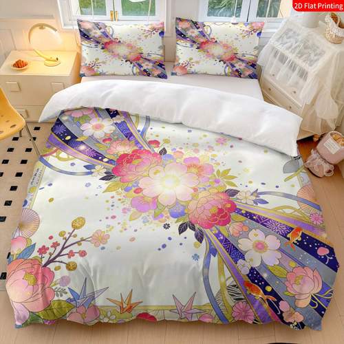 Artikelbild 2/3-teiliges 2d flachdruck bettbezug set japanischer traditioneller stil orientalisches blumenbettwäsche rosa blau goldenes kirschblüten pfingstrose laternen druck für verschiedene anlässe (1 x bettbezug und kissenbezüge, ohne füllung)