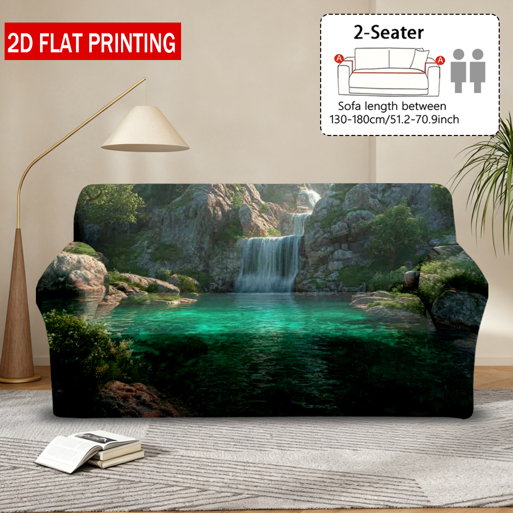TEMU 2d Flat 1pc Forest Waterfall Sofa Cover, - Elastic Fabric Offers Strong Wrapping; Shoulder Strap Prevents Falling Off; Machine Washable; Fits