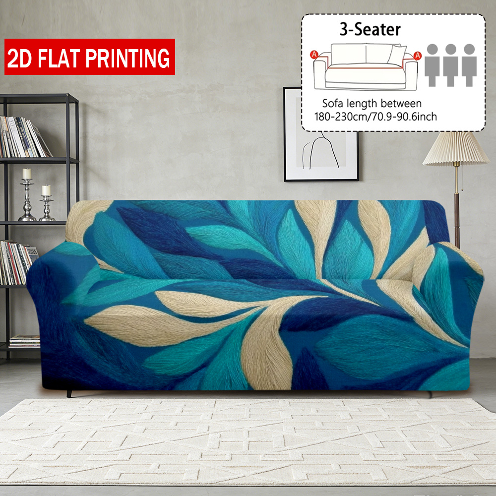 TEMU 1pc Blue And White Leaf Pattern Sofa Cover, 2d Flat Design, Elastic Spandex Protector For Chaise Lounges, Complete Cover For Shaped Sofas Room