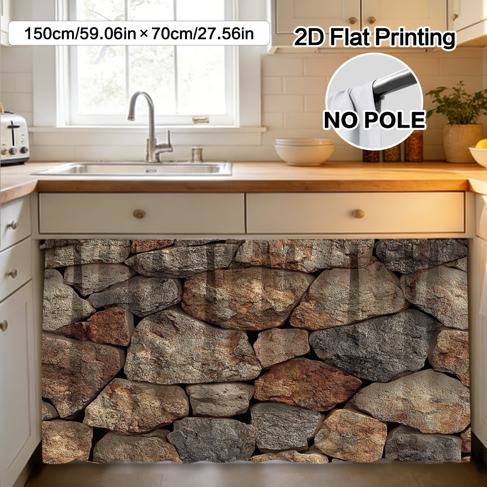 TEMU 2d Flat, (2d Flat) 1pc Stacked Stone Wall Curtain & Cabinet Decor - Polyester Easy To Clean, Rod For , Study Bathroom Storage Rack, Home