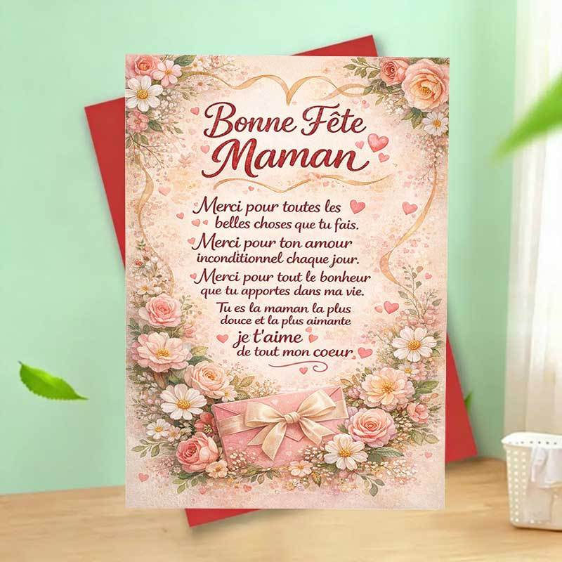 TEMU 1 carte de Fête des Mères, motif floral français " Mère", cœur, message de remerciement et , vœux élégants pour femme, maman, , anniversaire, de