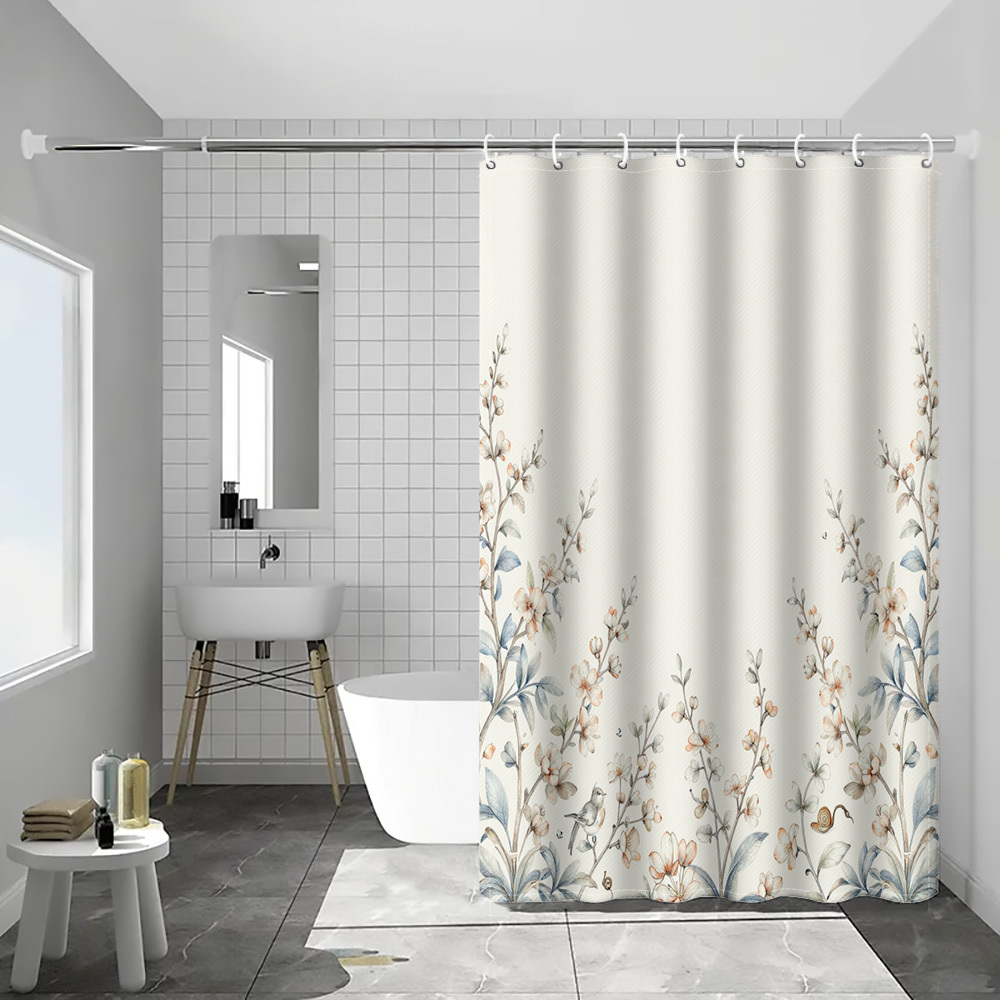 TEMU 1pc Of Light-colored Floral Border Shower Curtain With An Off-white Background, Featuring And Elegant Print, Designed For Modern Artistic Style