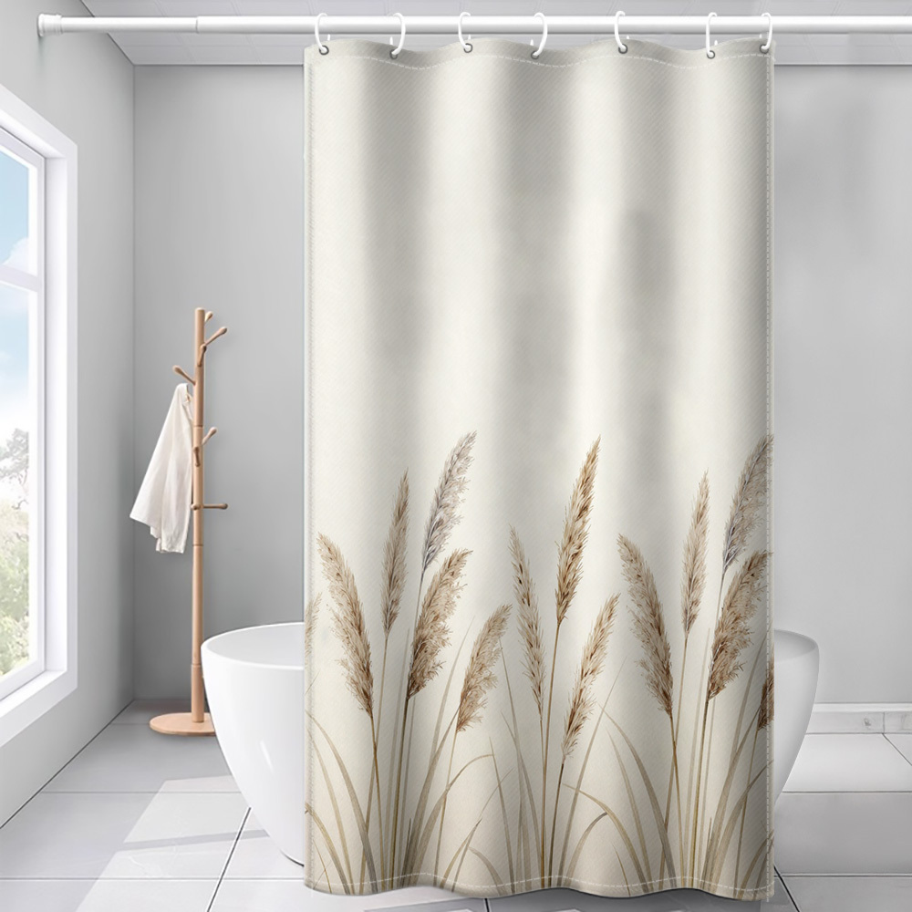 TEMU 1pc Of Light Rice Background Reed Soft Minimalist Printed Shower Curtain, Modern Bathroom Home Decor With Plastic Hooks, Suitable For Machine