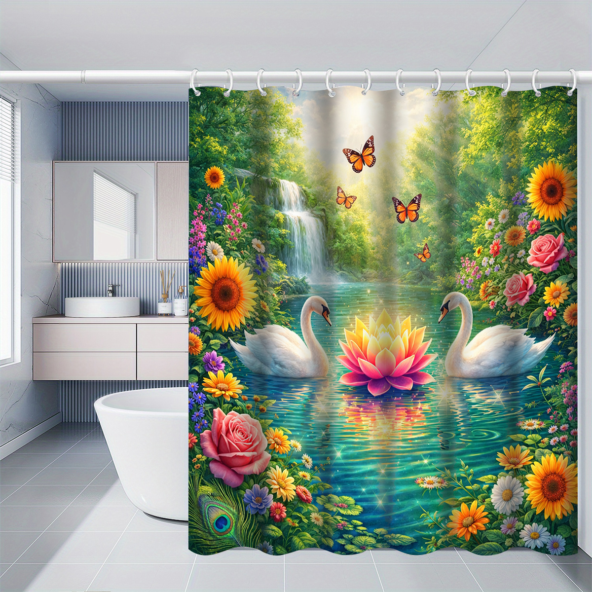 1 kos Labod za Lotus in Cvetlična Prha Zavesa, Dekoracija za Kopalnico, Več Velikosti (120x180cm, 150x180cm, 180x180cm, 180x200cm, 200x240cm),
