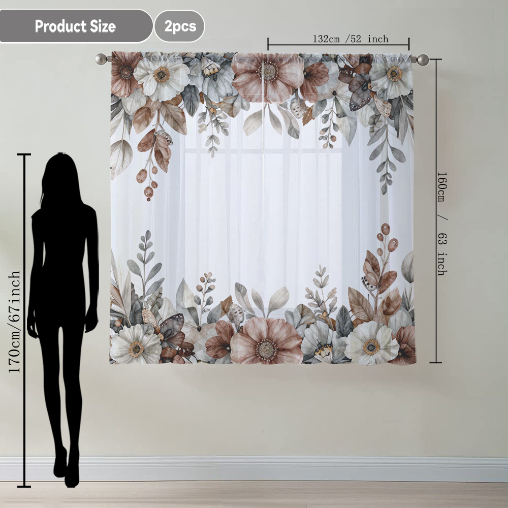 TEMU 2pcs Of Watercolor Floral Leaf Printed Sheer Curtains, Artistic Style Flowing Drapes Suitable For Kitchen, Café, Dining Room, Balcony, Garden,