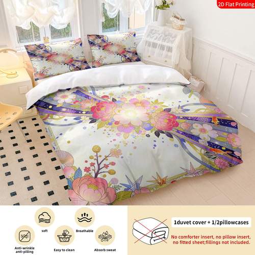2/3-teiliges 2d flachdruck bettbezug set japanischer traditioneller stil orientalisches blumenbettwäsche rosa blau goldenes kirschblüten pfingstrose laternen druck für verschiedene anlässe (1 x bettbezug und kissenbezüge, ohne füllung)