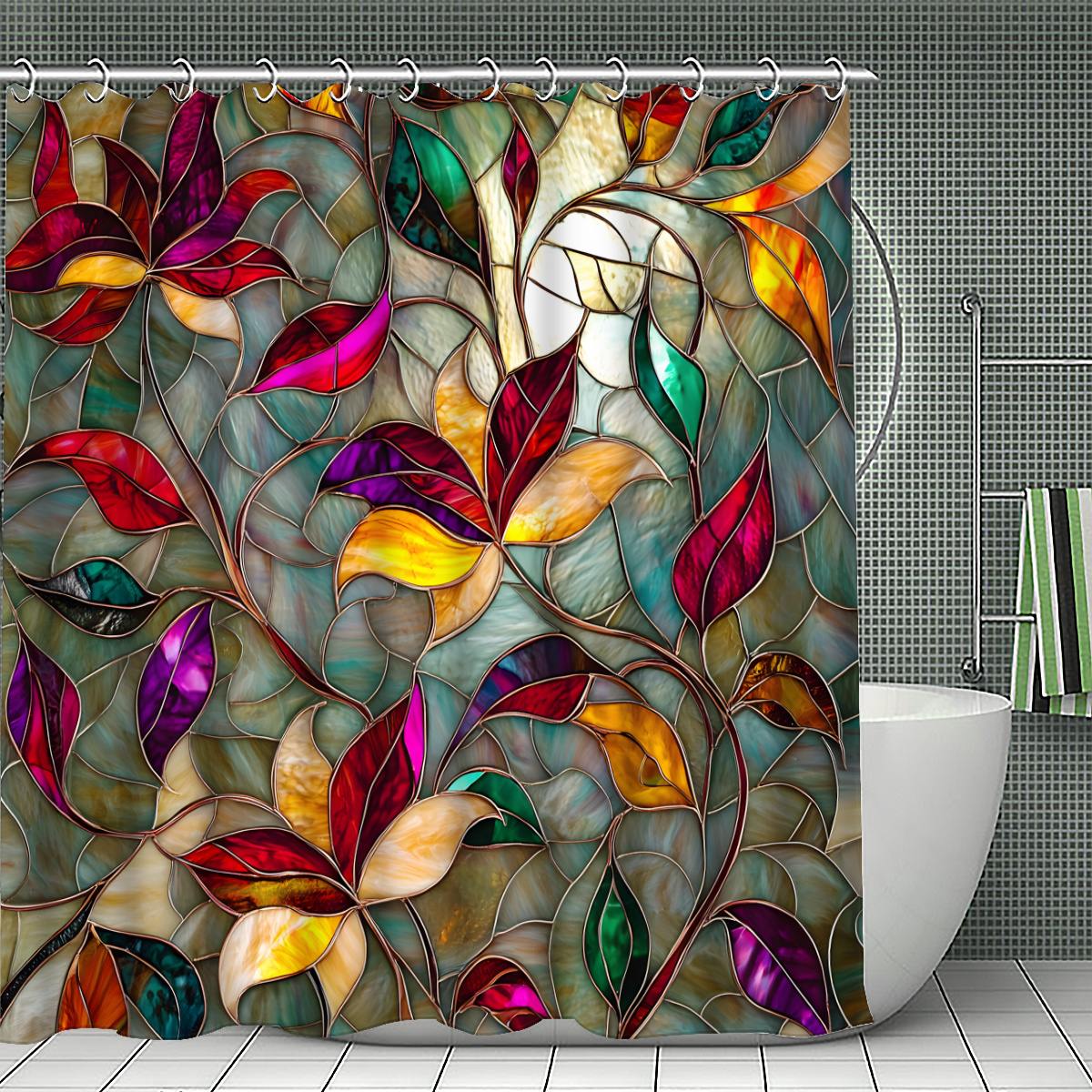 TEMU 1pc Stained - Leaf Shower Curtain, Bathroom Decor, Multi - Size Options (120x180cm, 150x180cm, 180x180cm, 180x200cm, 240x200cm), Includes Hooks,