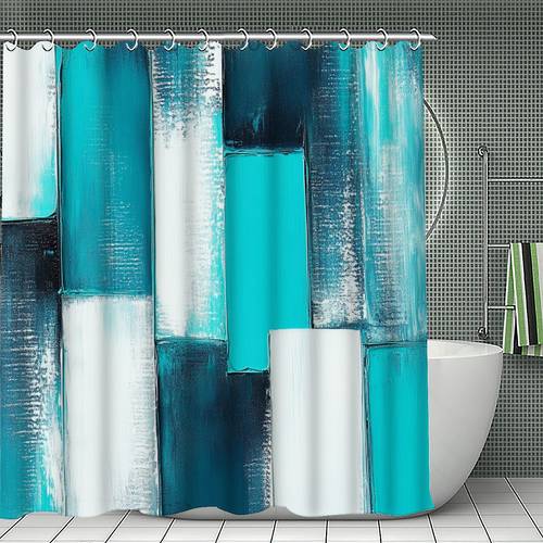 صورة العنصر 1 قطعة ستارة دش مجردة باللون الأزرق والأبيض مع خطافات - ستارة نافذة حمام عصرية مناسبة للحوض، خيارات متعددة الأحجام (120 سم، 150 سم، 180 سم، 180 سم، 200x240 سم)، قماش، الخطافات مرفقة كهدية ديكور