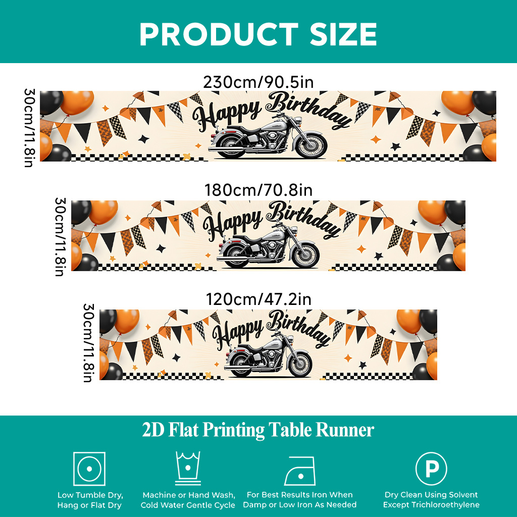 TEMU 1pc 2d Flat Printing Table Runner | Happy Birthday Motorcycle Theme Table Cover, Rectangular Polyester Table Runner, Perfect For Dining Indoors