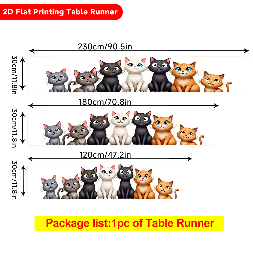 TEMU 1pc 2d Flat Printing Table Runner | Adorable Cartoon Cats In Row Polyester Table Runner, Rectangular, For Dining Table, Coffee Table, Home Party