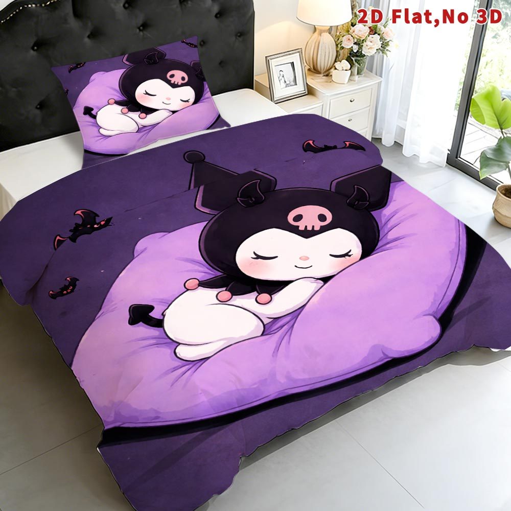 E-shop 2/3-teiliges 2D-flaches, cartoonartiges Bettbezug-Set, von Anime inspiriertes Bettwäsche-Set, atmungsaktives stilvolles Design, weiche bedruckte