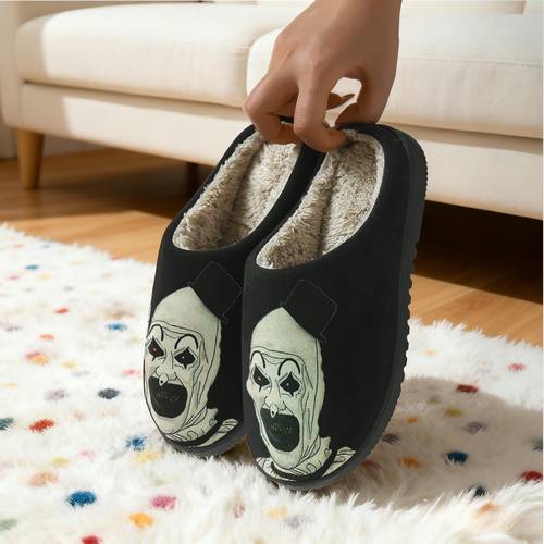 1 pair clown drawing pattern plush slippers unisex soft and thick comfortable and warm ideal for indoor home and office use perfect gift for christmas new year birthdays valentines day