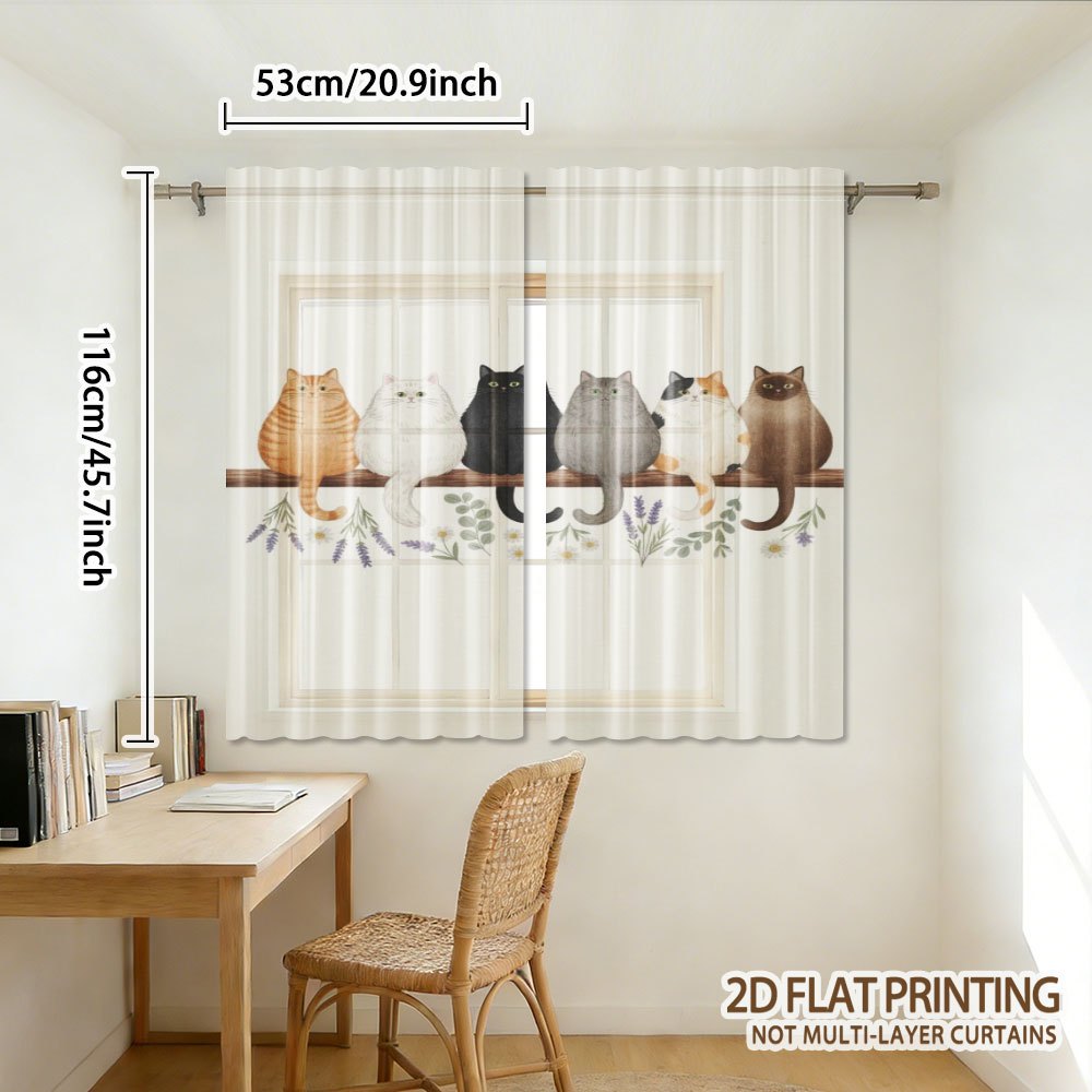 TEMU 2d Flat, 2d Flat Gauze Curtain, 2pcs Cats On Branch Print Sheer Curtains, Window Curtain Suitable For Kitchen, Coffee Shop, Restaurant, Balcony,